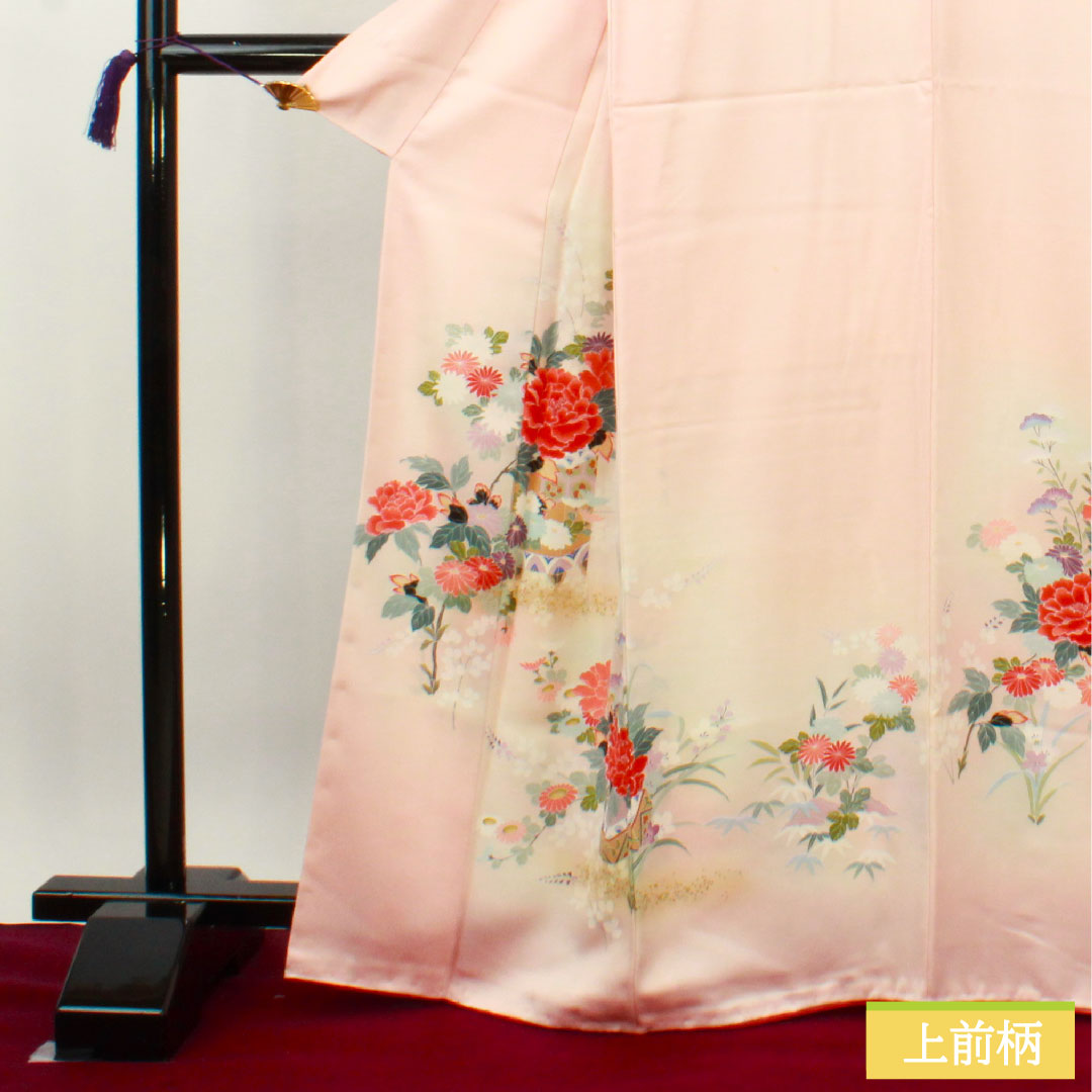 訪問着 正絹 袷 身丈166cm 裄丈63.5cm 曙色 京友禅 草花模様 Aランク ピンク系 1112003713513