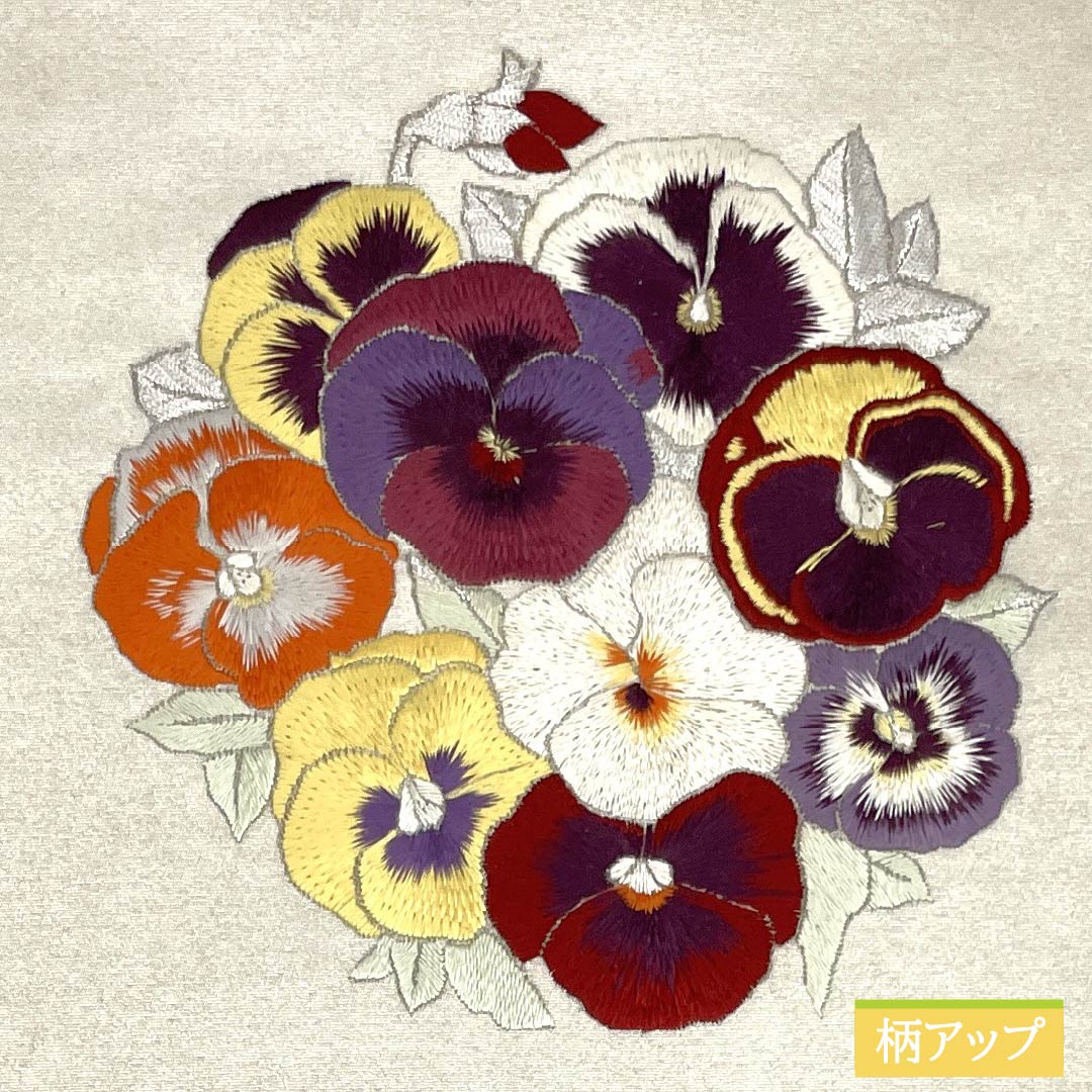 Nagoya obi, ecru, embroidered pansy, obi length 359cm, pure silk, S rank, point pattern, casual, beige, 1124007532325, Nagoya style