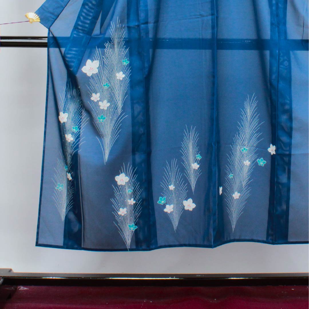 Summer polyester formal kimono, length 148.5cm, sleeve length 62.5cm, indigo blue, floral pattern, silk, S rank, navy blue, 1132000322118