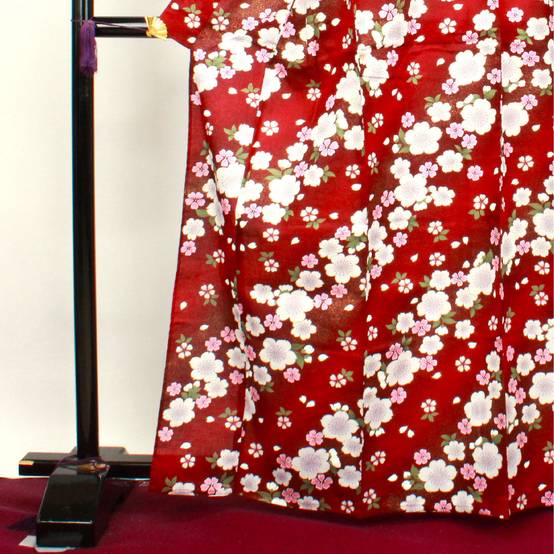 浴衣 深緋色 桜 木綿 Sランク 単衣 身丈165.5cm 裄丈68.5cm 赤系 1118003582512