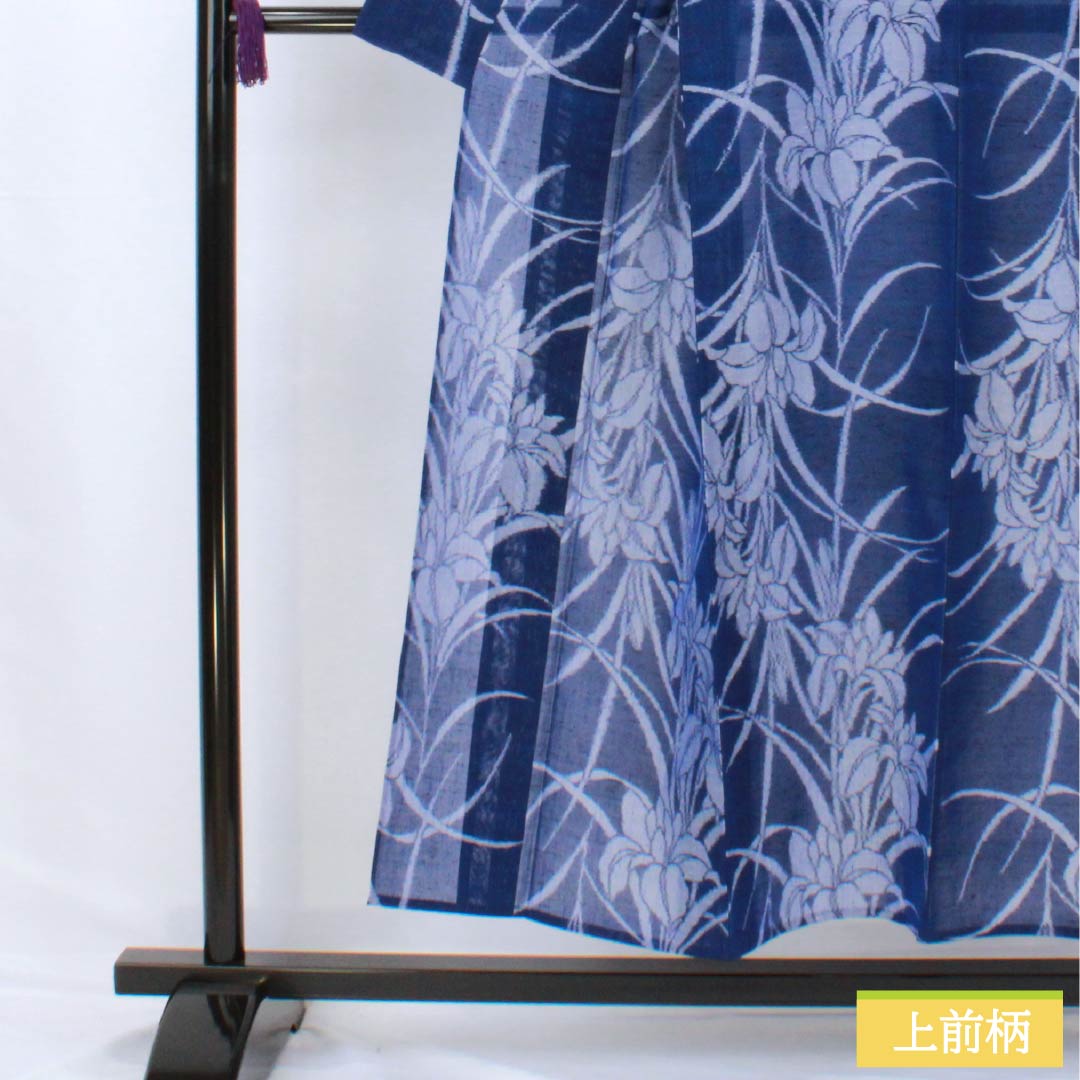 Summer pure silk tsumugi kimono, length 151cm, sleeve length 62.5cm, navy blue with iris and gauze, A-rank, blue, 1132002813217