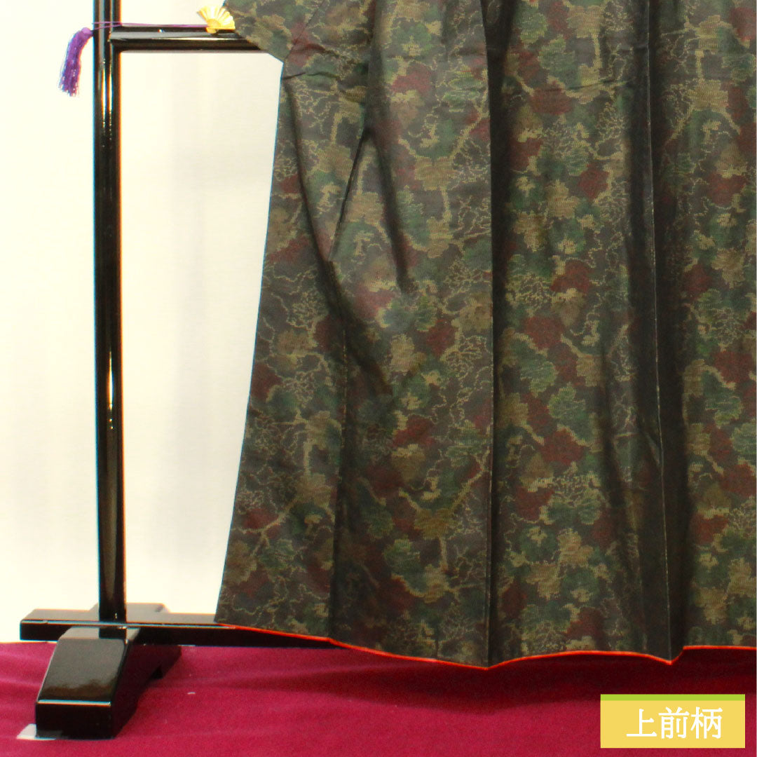 Silk pongee, Length 160cm, Sleeve length 65.5cm, Oshima pongee, Weft-total kasuri, Leaf pattern, S rank, Lined, Black, 1116003352410
