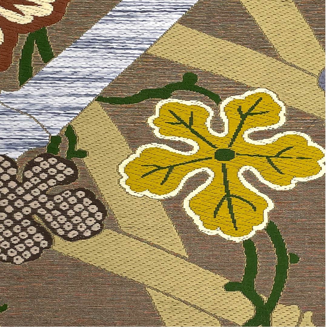 袋帯 煤色(すすいろ) 白綾苑大庭 蔦 竹 葡萄 帯丈447cm 正絹 Sランク 六通 フォーマル 茶系 1123009452314