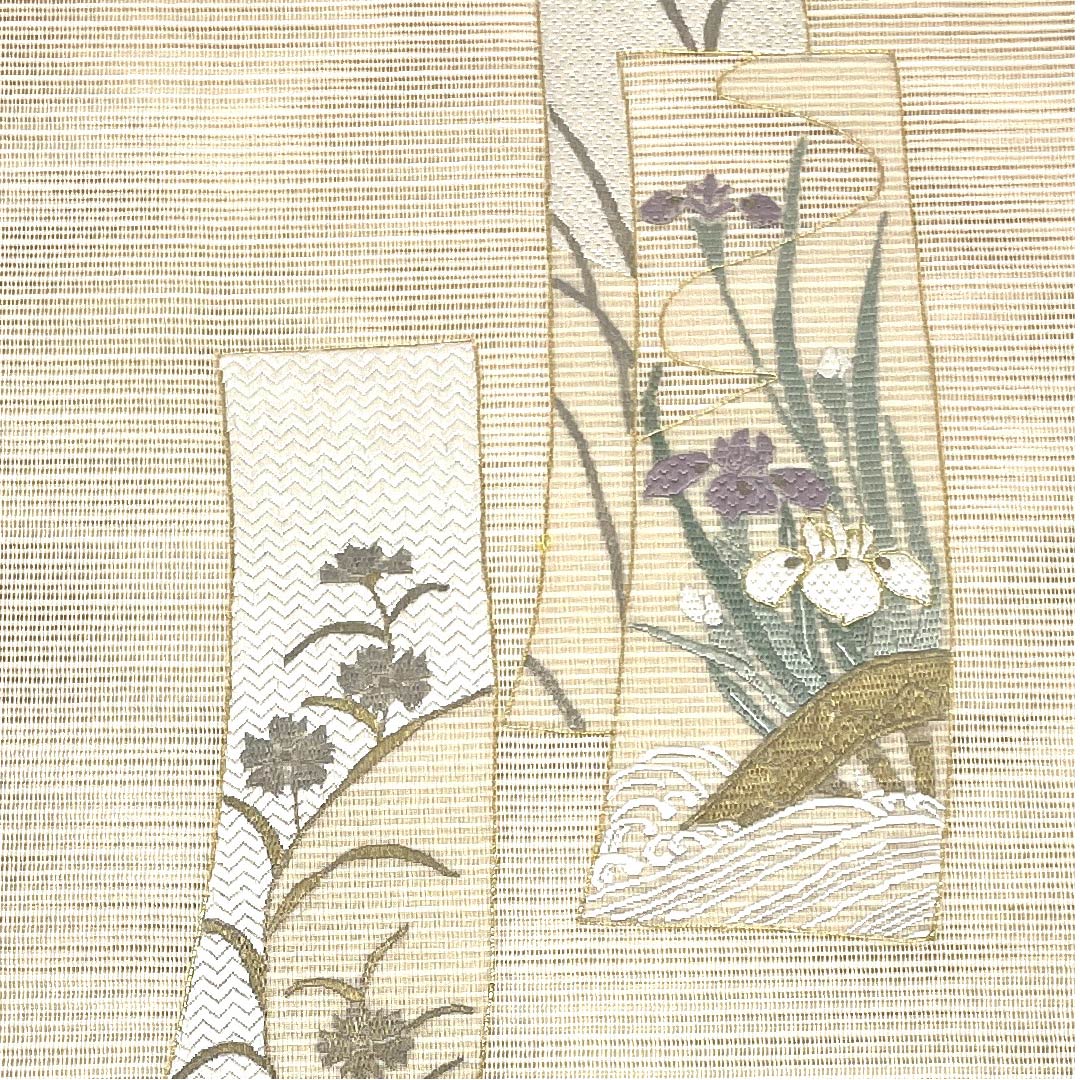 名古屋帯 生成り色 夏帯 絽 菖蒲 コスモス 流水 帯丈366cm 正絹 Sランク ポイント柄 フォーマル クリーム系 1124004472315 開き仕立て