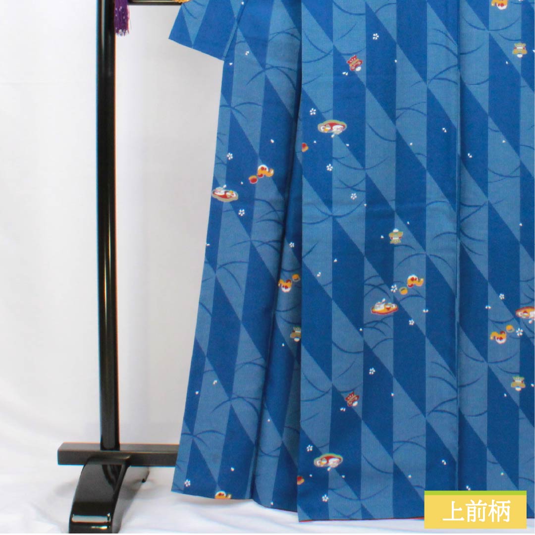 小紋 ポリエステル 身丈166cm 裄丈67cm 袷 紺青色(こんじょういろ) レトロ模様 洗える着物 Sランク 青系 1115005922517