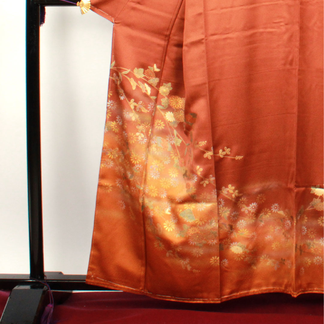 訪問着 袷 身丈161cm 裄丈63cm 唐茶色 金彩加工 菊 正絹 Sランク 茶系 1112001532414