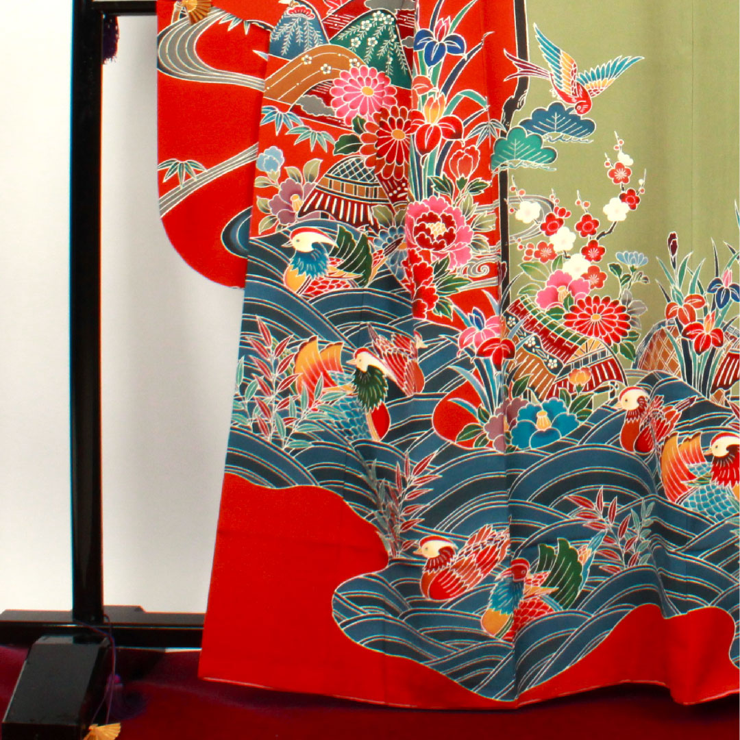 振袖 身丈165cm 裄丈65.5cm 袷 栗梅色 京紅型 鴛鴦 松竹梅 正絹 Sランク 赤系 1113000902512