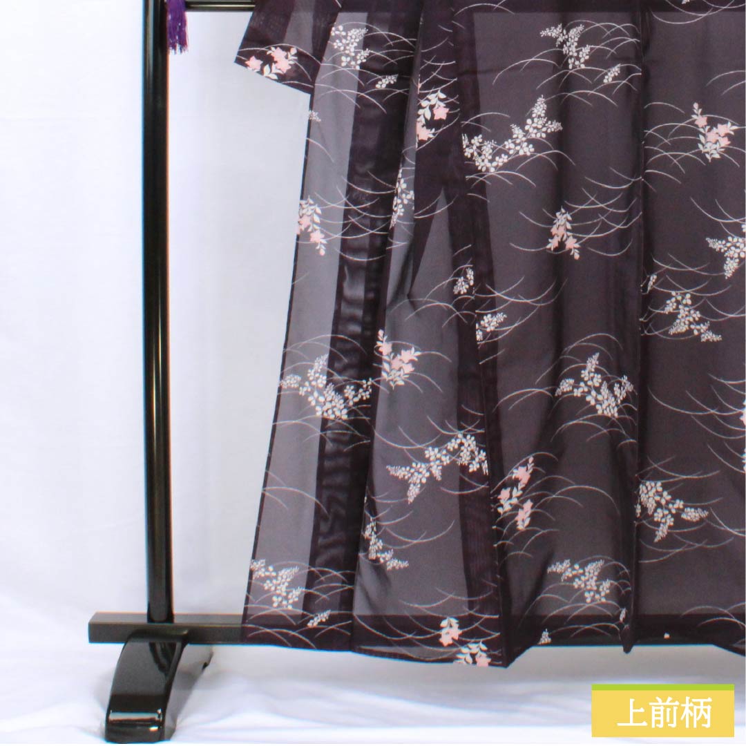 夏物 ポリエステル 小紋 身丈158cm 裄丈63cm 紫烏色(しうしょく) 露芝 草花 洗える着物 絽 Bランク 紫系 1132002044320