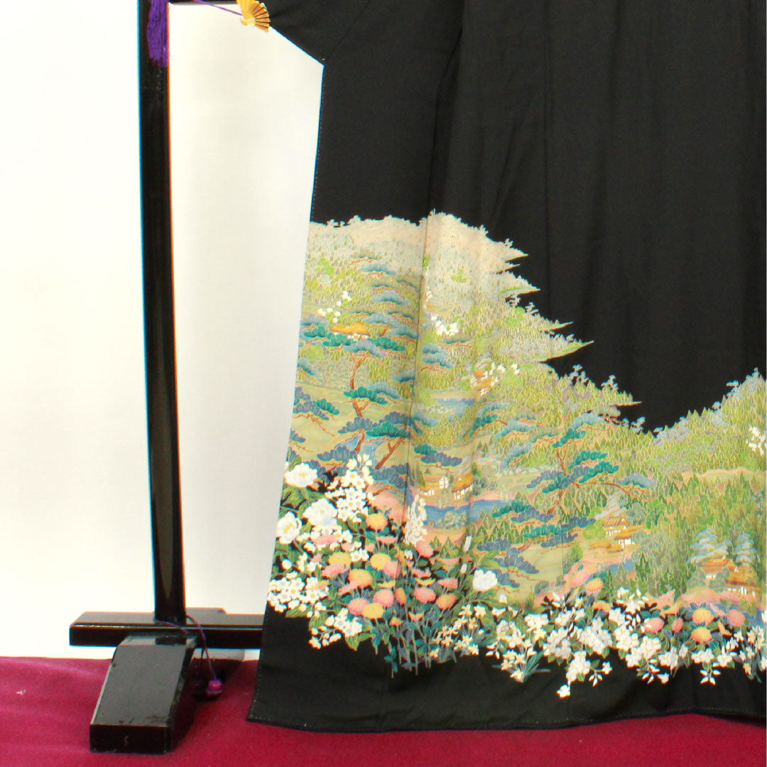 黒留袖 身丈168.5cm 裄丈62cm 袷 作家物 茶屋辻 草花模様 丸に花菱 正絹 Aランク 五つ紋 黒系 1111000473510