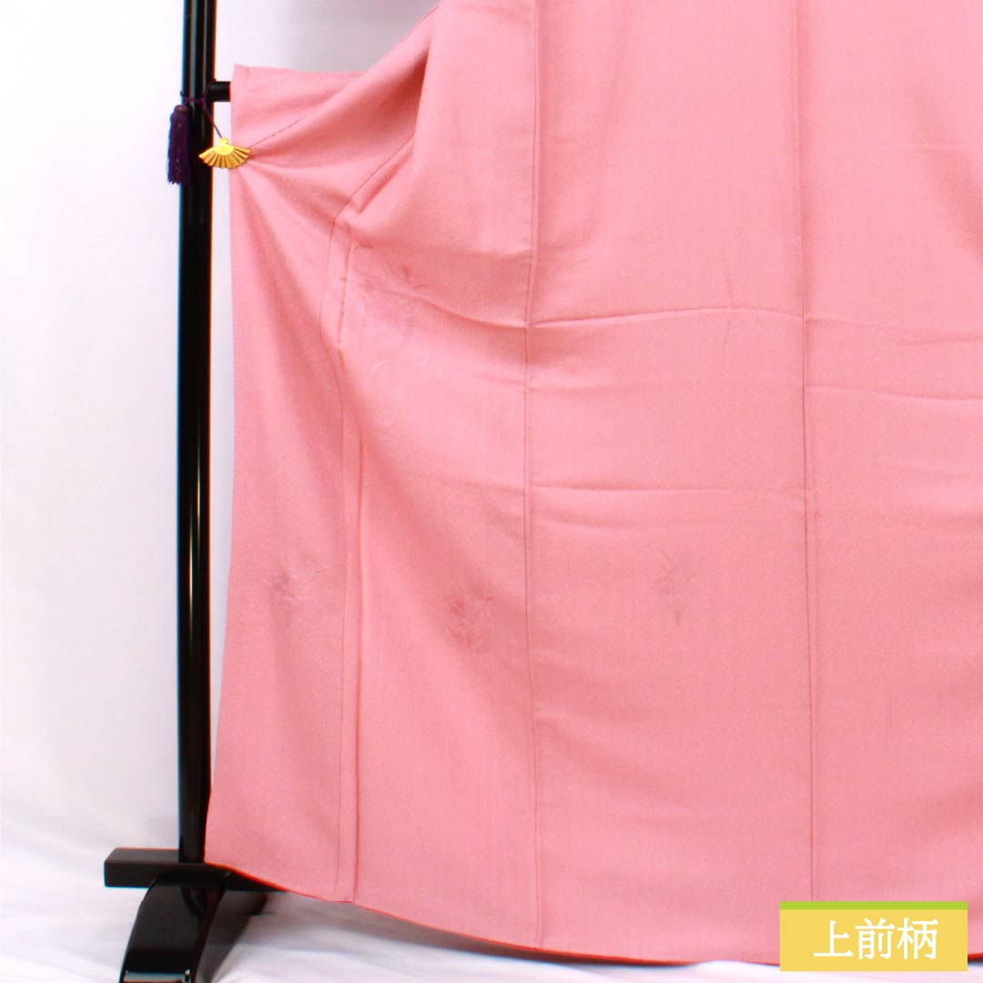 Solid color kimono (iromuji) made of pure silk, S rank, length 168cm, sleeve length 70cm, pink (momoiro) color, plain tsukesage (tsukesage) with Shantou embroidery and mirror pattern, lined, pink, product number 1114002412513