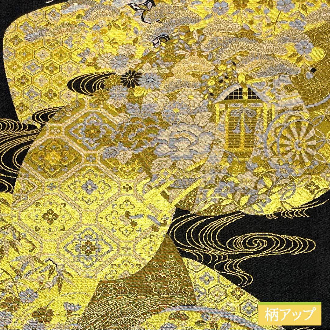 袋帯 ポリエステル 観世流水 花菱 貝合わせ 吉祥文様 御所車 帯丈434cm Sランク 六通 フォーマル 黒系 1123014232310