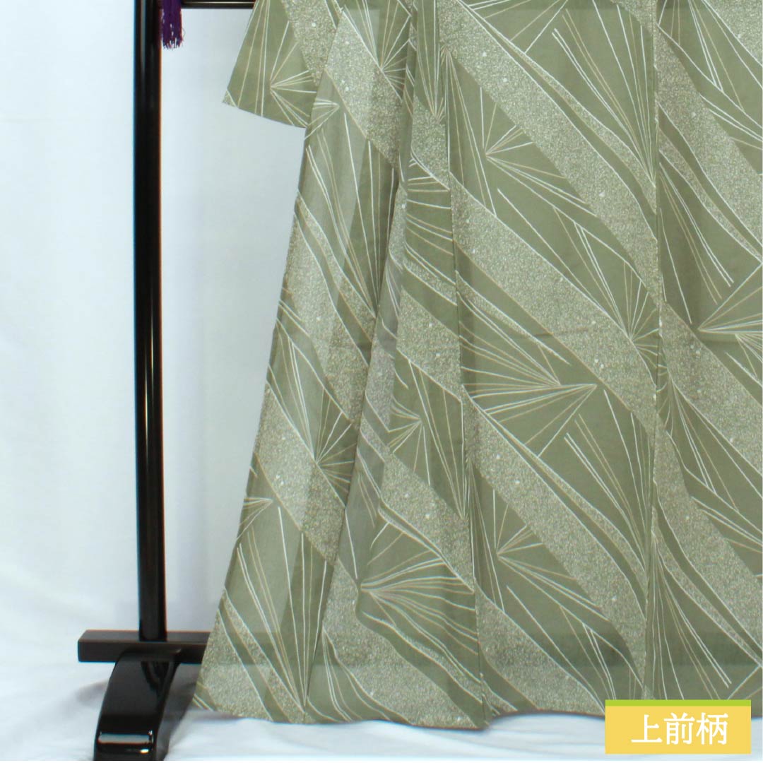 夏物 ポリエステル 小紋 身丈167cm 裄丈69.5cm 岩井茶色(いわいちゃいろ) 抽象模様 紗 Sランク 緑系 1132002392519