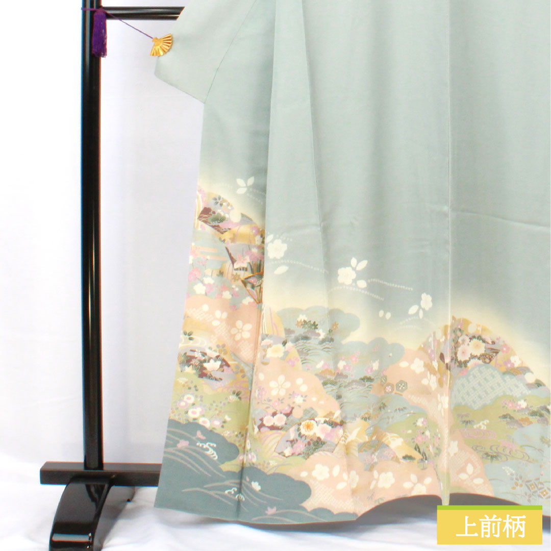 訪問着 正絹 袷 身丈161cm 裄丈66.5cm 青白磁色(せいはくじいろ) 京友禅 吉祥文様 Sランク 水色系 1112005792424