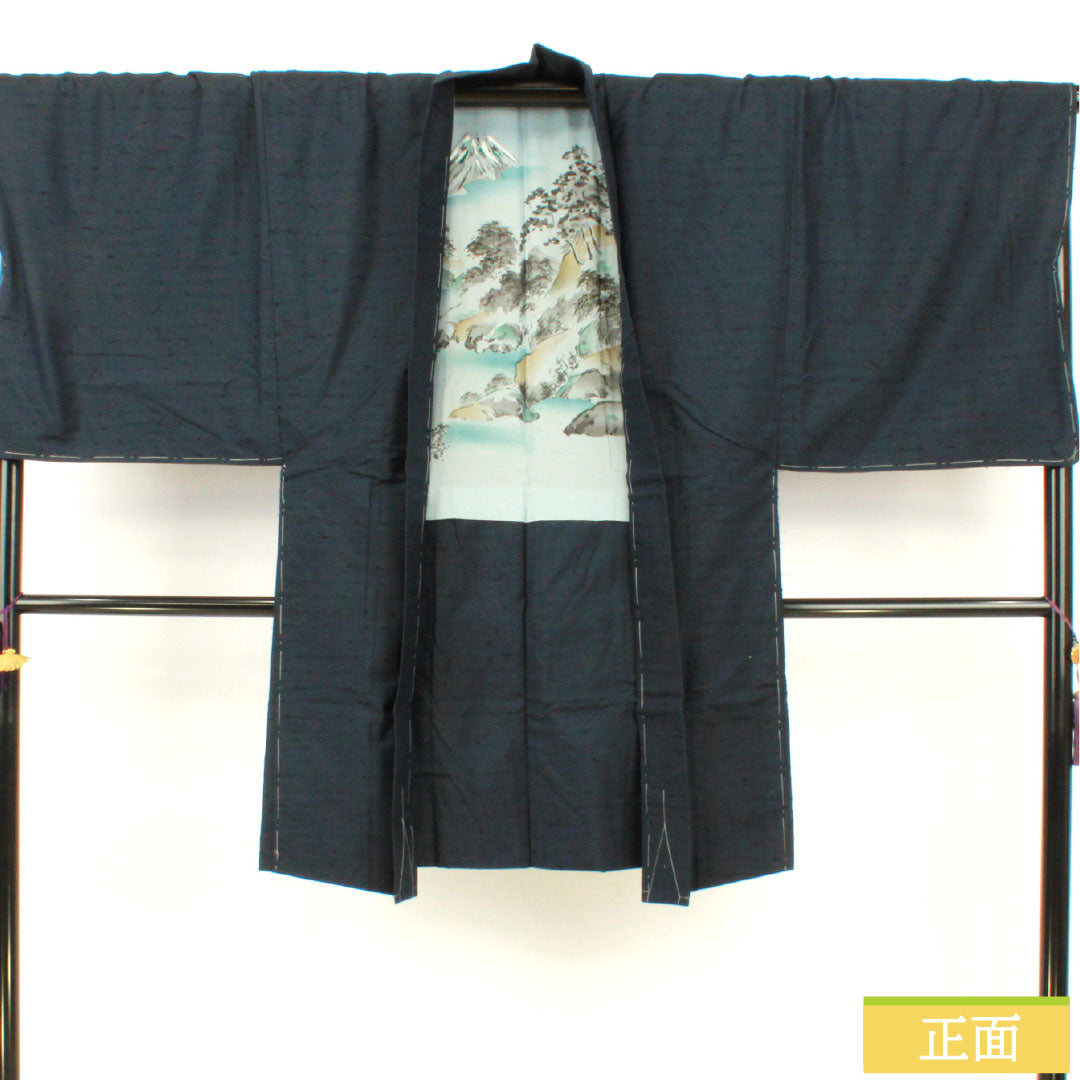 男物 正絹 Aランク 身丈101cm 裄丈73cm 濃紺色(のうこんいろ) ひげ紬 しつけ糸付き 紺系 1119001613118