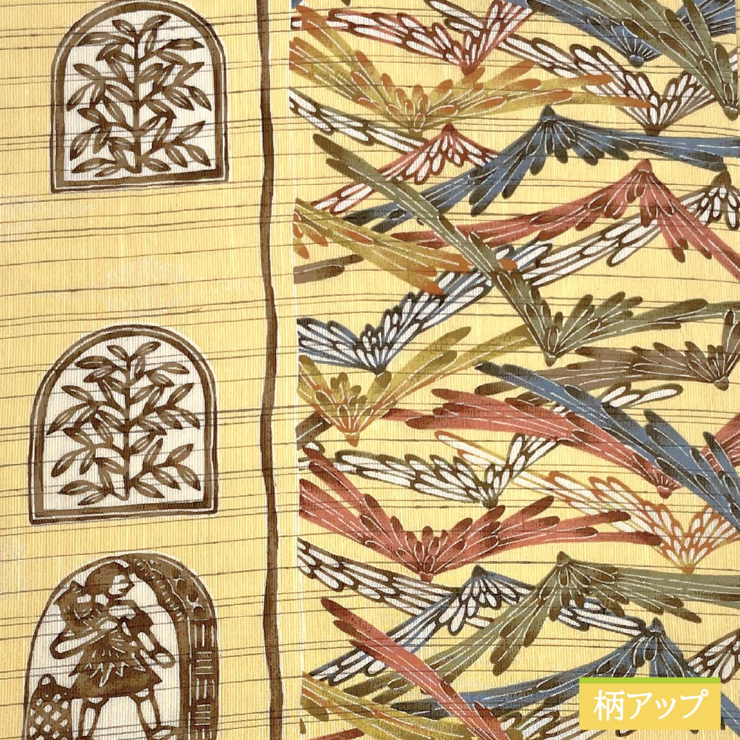 名古屋帯 正絹 卵黄色(らんおういろ) 夏帯 染め帯 インカ模様 帯丈370cm Sランク 全通 カジュアル 黄系 1124007942323 名古屋仕立て