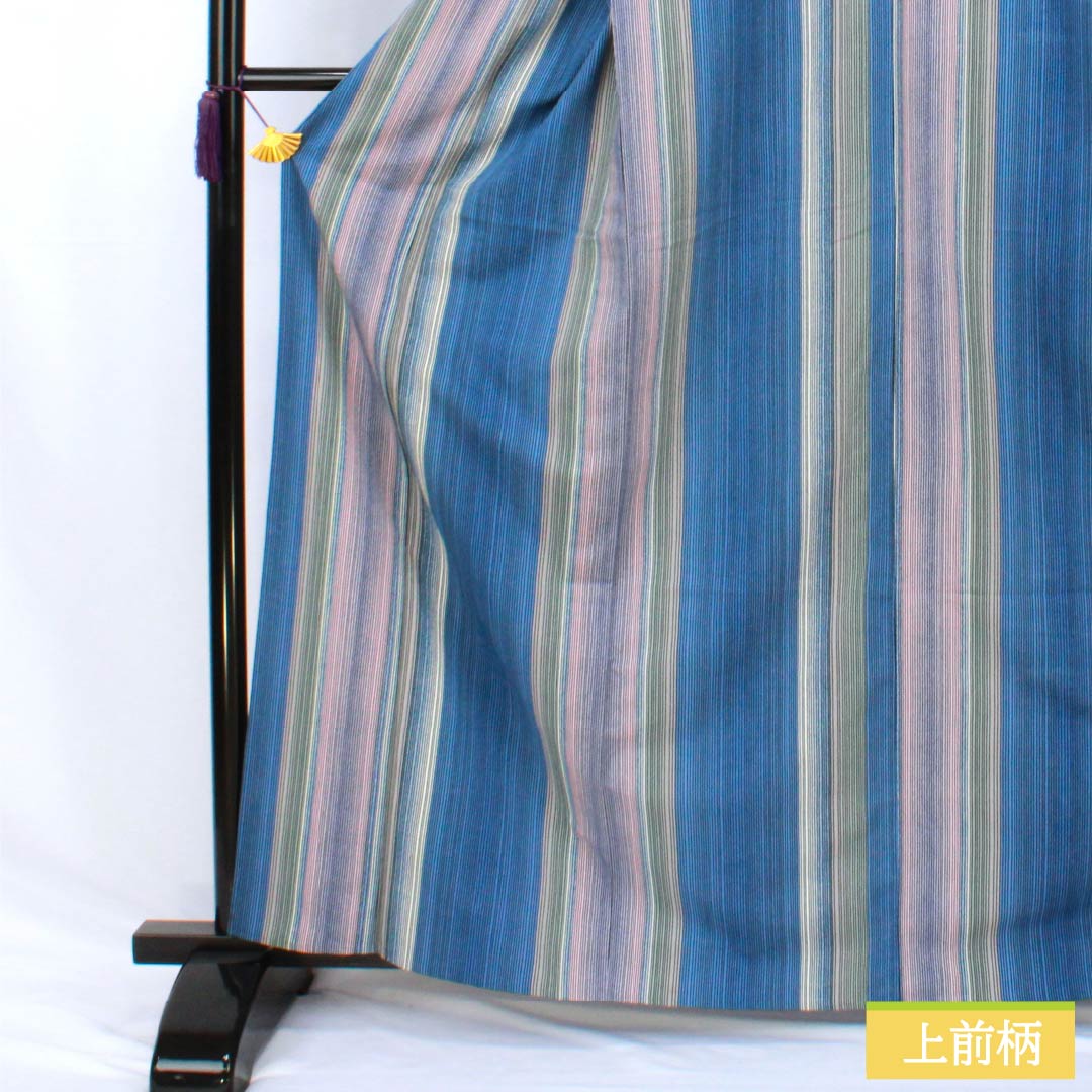 小紋 ポリエステル Aランク 身丈164cm 裄丈64.5cm 単衣 薄群青色(うすぐんじょういろ) 型染 縞 洗える着物 青系 1115007903417