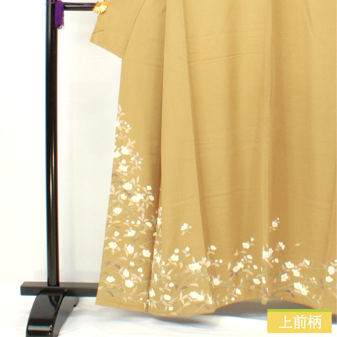 訪問着 正絹 袷 身丈159cm 裄丈62cm 楊梅色(やまももいろ) 京友禅 山茶花 Sランク 黄系 1112005232323