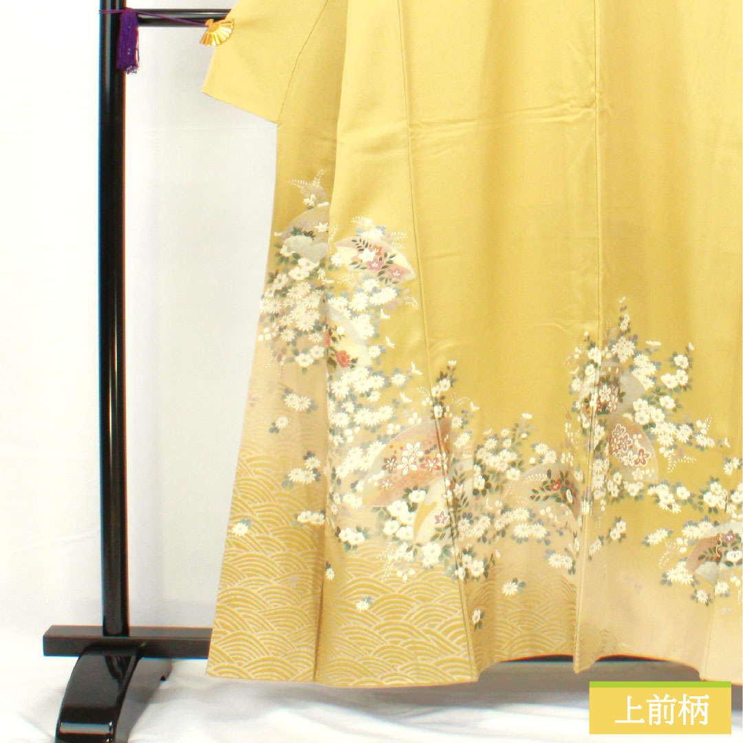 訪問着 正絹 袷 身丈156.5cm 裄丈63cm 窃黄色(せっこういろ) 京友禅 桜 菊 萩 Aランク 黄系 1112005243323