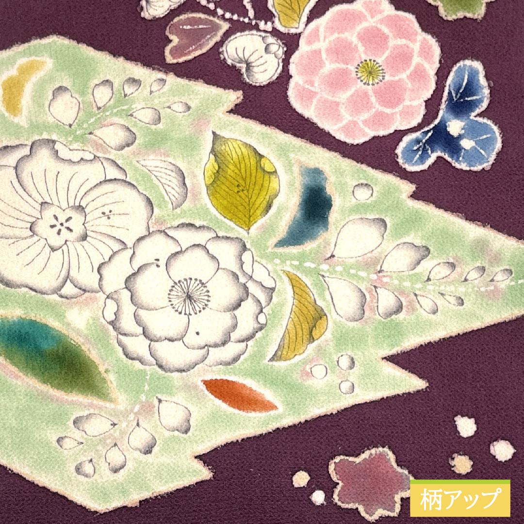 名古屋帯 蒲萄色(えびいろ) ちりめん地 辻ヶ花 帯丈371cm 正絹 Sランク ポイント柄 セミフォーマル 紫系 1124008082320 名古屋仕立て