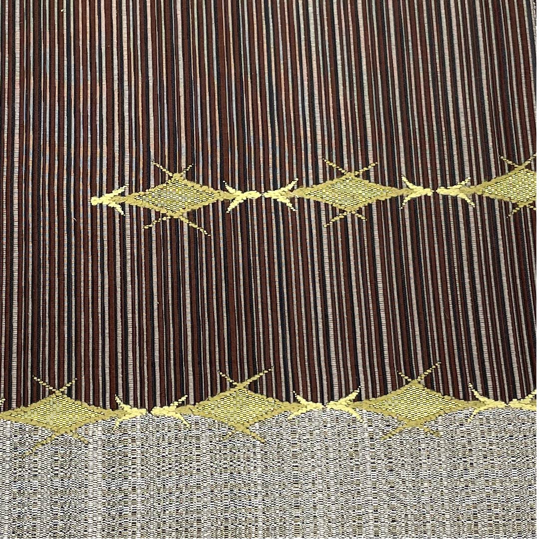 袋帯 鉄黒色(てつぐろいろ) 幾何学模様 チェック 帯丈439.5cm 正絹 Sランク ポイント柄 カジュアル 茶系 1123009292314