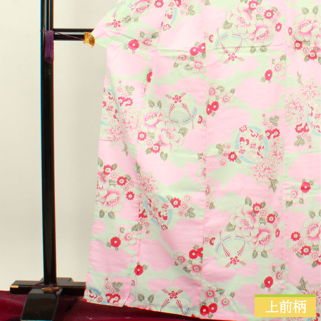 浴衣 木綿 身丈167cm 裄丈64cm Sランク 単衣 緑系 白緑色(びゃくろくいろ) 菊 鞠 雲取り 1118004662519