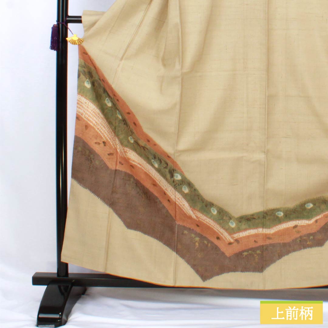 訪問着 正絹 Bランク 袷 身丈160cm 裄丈68cm 亜麻色(あまいろ) 生紬 桶絞り 乾山絞り 伝統工芸作家 吉澤与市 ベージュ系 1112007414425