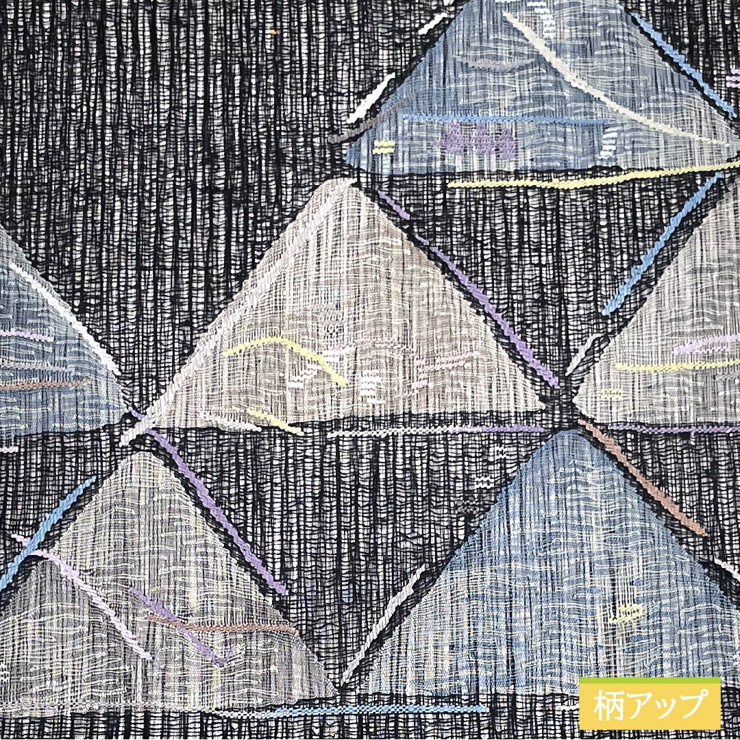 袋帯 正絹 幾何学模様 夏帯 すくい織 櫛織り 帯丈440cm Sランク ポイント柄 カジュアル 黒系 1123014632310