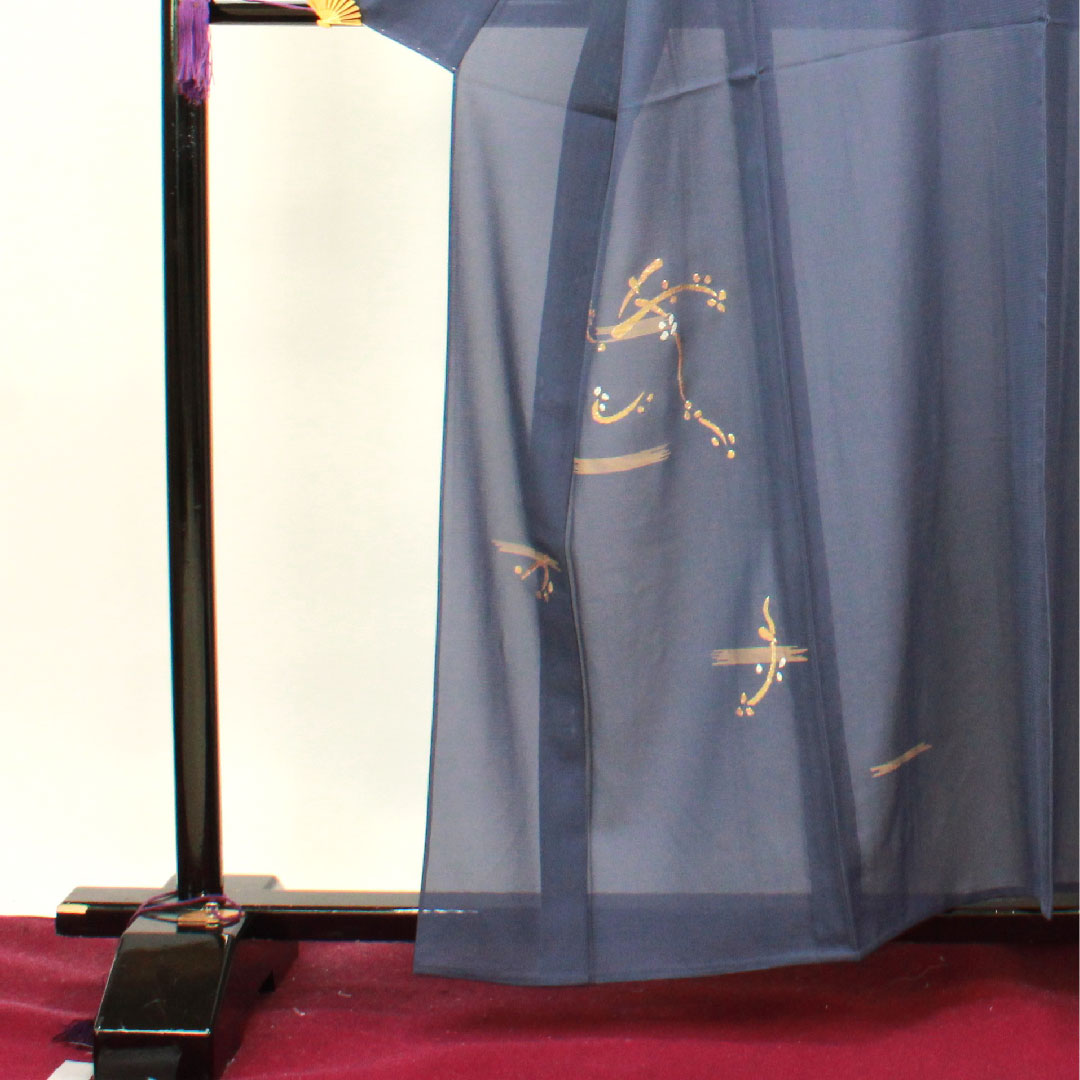 訪問着 夏物 身丈158cm 裄丈66cm 瞑色 絽 竹屋町刺繡 抽象模様 桔梗に三つ鱗 正絹 Sランク 紺系 1112002772318