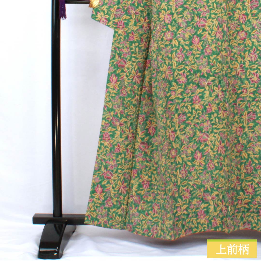 小紋 正絹 身丈159cm 裄丈62cm 袷 青銅色(せいどういろ) 型染 総花 Sランク 緑系 1115005362319