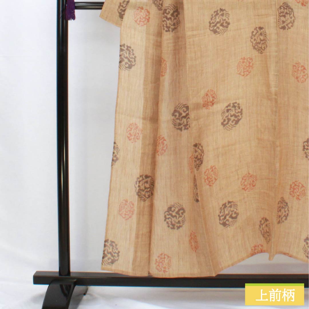 Summer linen tsumugi (pongee) kimono, length 151.5cm, sleeve length 63.5cm, walnut color, abstract pattern, horizontal double kasuri, gauze, S rank, brown, 1132002692214