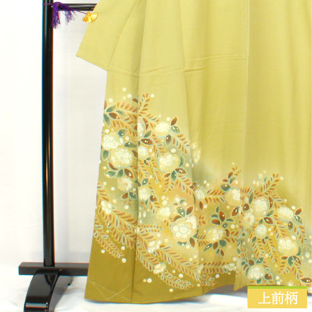 訪問着 正絹 袷 身丈162cm 裄丈62.5cm 薄柳色(うすやなぎいろ) 辻ヶ花 ちりめん地 重ね衿付き しつけ糸付き Sランク 緑系 1112005202419