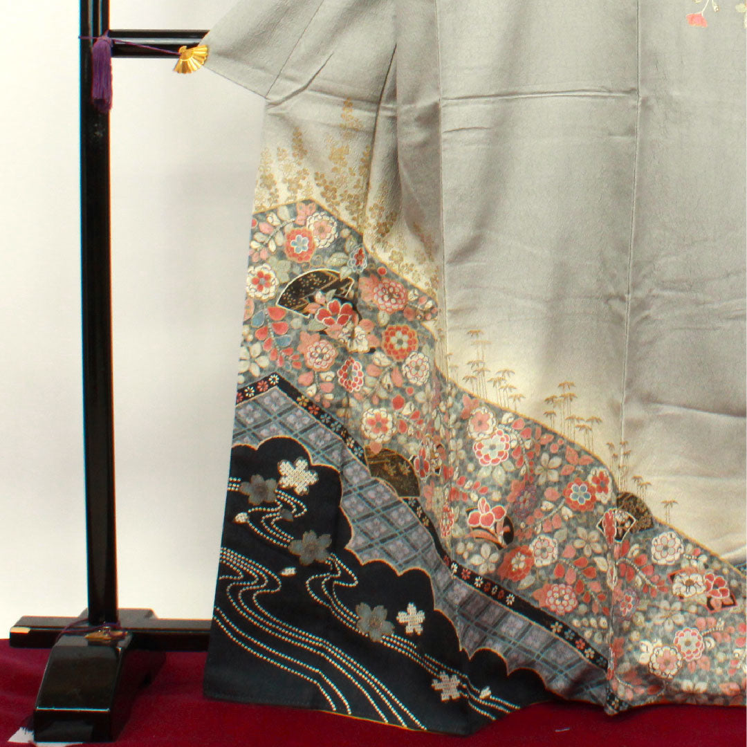 訪問着 正絹 袷 身丈166cm 裄丈66cm 水銀色 京友禅 辻ヶ花 Sランク グレー系 1112003062522