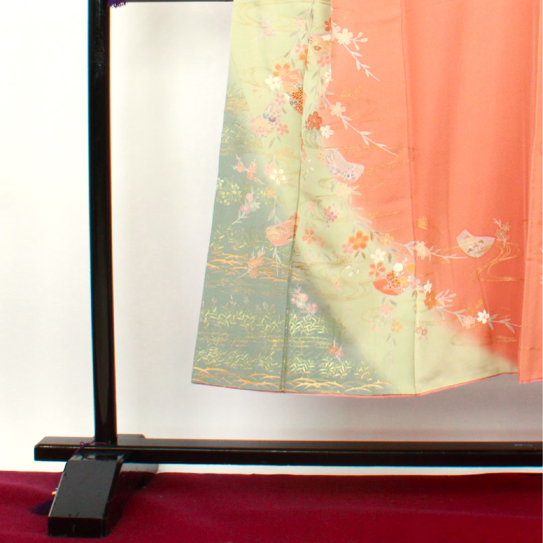 訪問着 袷 身丈145cm 裄丈63cm 珊瑚色 京友禅 桜 流水 正絹 Aランク 朱系 1112002053116