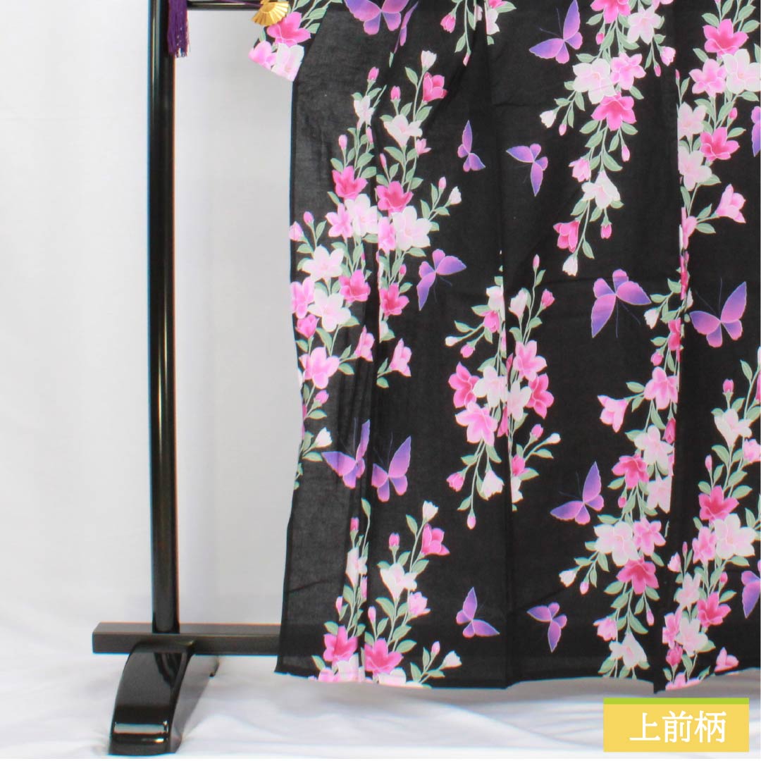 浴衣 木綿 身丈163cm 裄丈64cm Sランク 単衣 黒系 鉄線 蝶 1118006082410