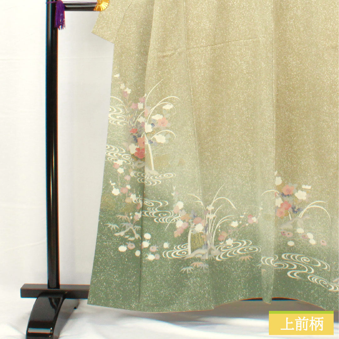 訪問着 正絹 袷 身丈157.5cm 裄丈62cm 蠟色(ろういろ) タタキ染 京友禅 菊 菖蒲 一つ紋 Sランク 緑系 1112005252319