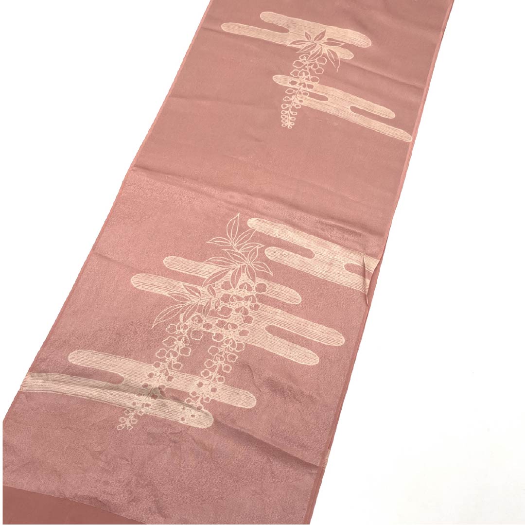 Obiage, pure silk, semi-formal, light pink plum color, Genji clouds, wisteria, classic pattern, length 180cm, width 30.5cm, S rank, pink, 1136000522913