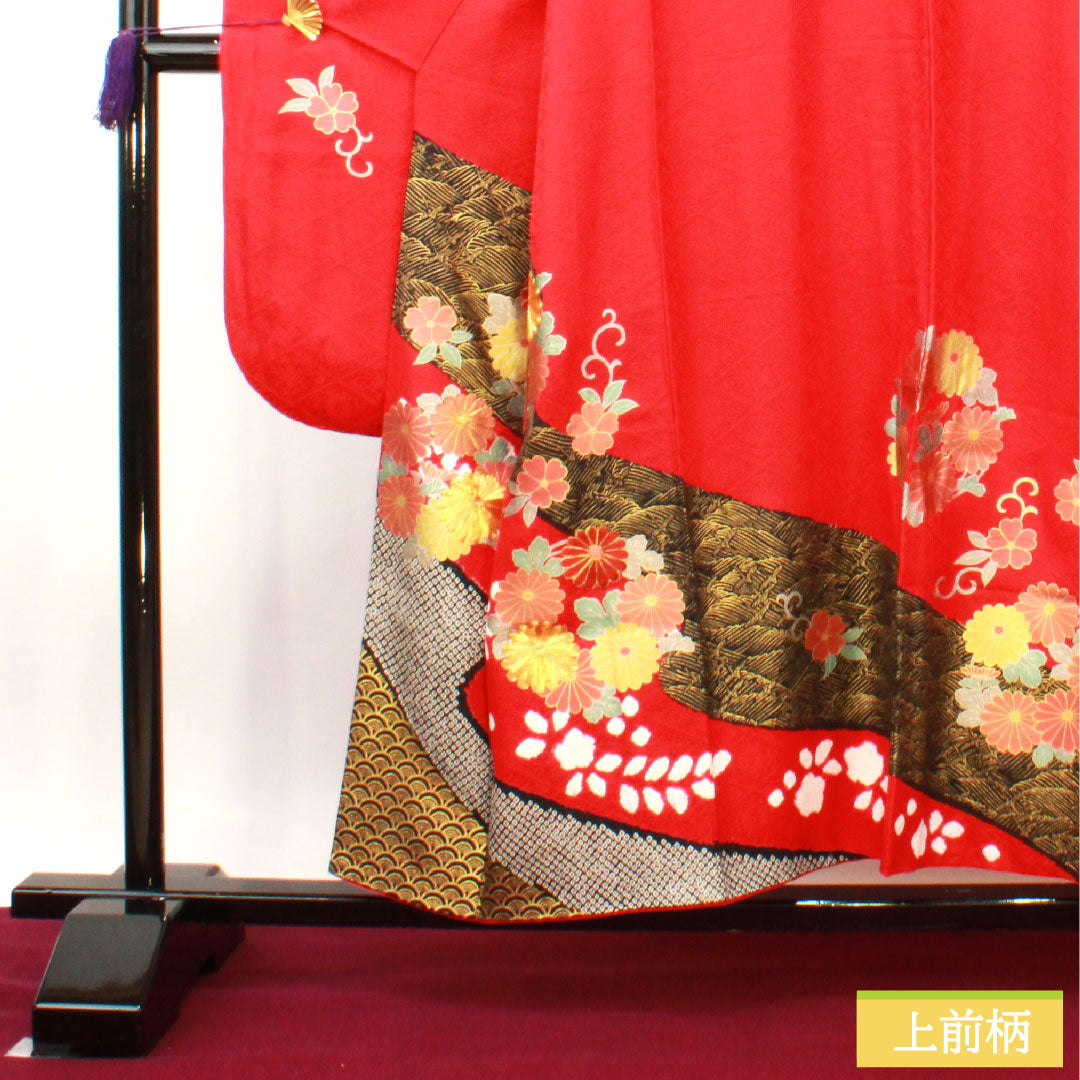 振袖 正絹 身丈154.5cm 裄丈66cm 袷 土耳古赤色(とるこあかいろ) 京友禅 菊 Aランク 赤系 1113001983212
