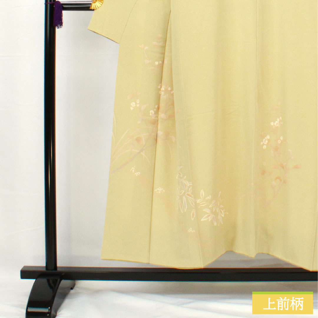 訪問着 正絹 袷 身丈151cm 裄丈61cm 硫黄色)いおういろ) 京友禅 草花模様 一つ紋 三ツ割藤 Aランク 緑系 1112005593219