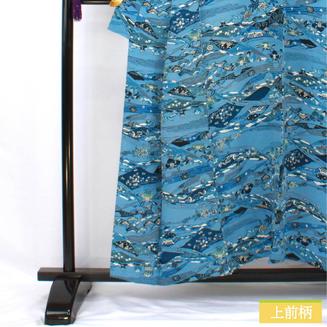 小紋 正絹 身丈154cm 裄丈64.5cm 単衣 空色(そらいろ) 型染 藍型調 吉祥文様 Bランク 青系 1115005614217