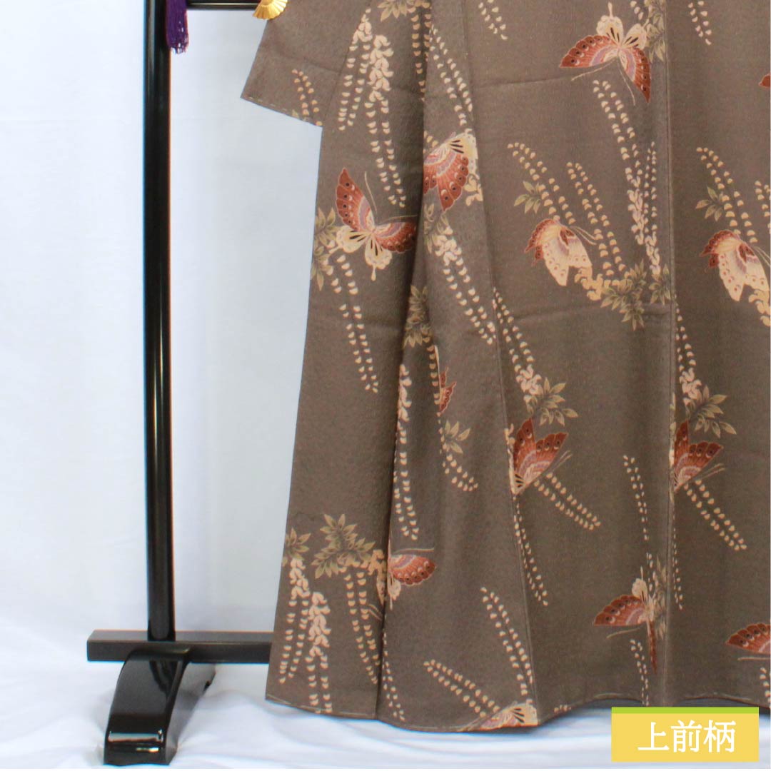 小紋 ポリエステル 身丈163.5cm 裄丈66cm 袷 消炭色(けしずみいろ) 藤 蝶 しつけ糸付き Sランク グレー系 1115005592422