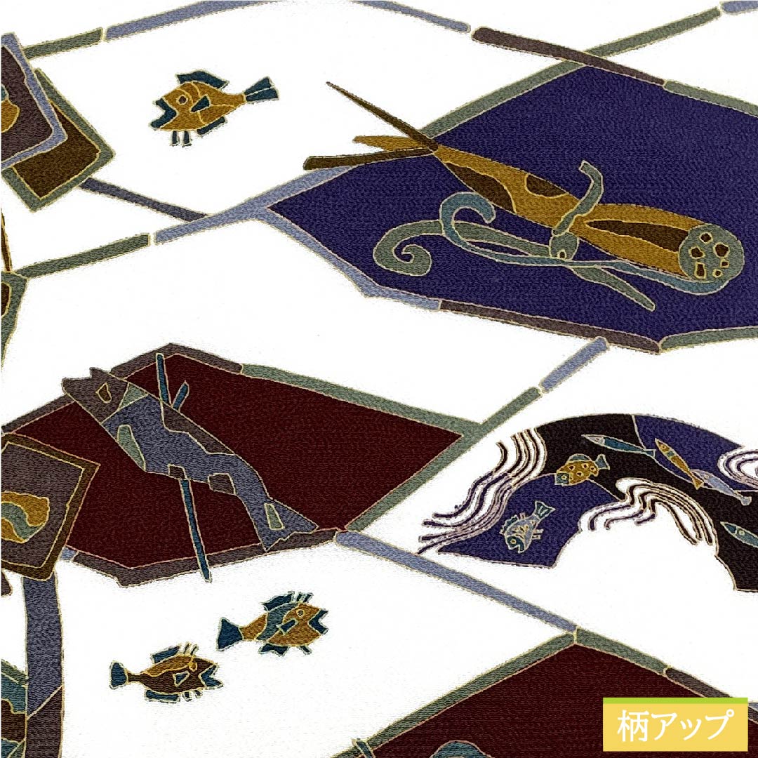 名古屋帯 真珠色(しんじゅいろ)染帯 魚 野菜 帯丈367cm 正絹 Aランク 全通 カジュアル 白系 1124006253311 名古屋仕立て