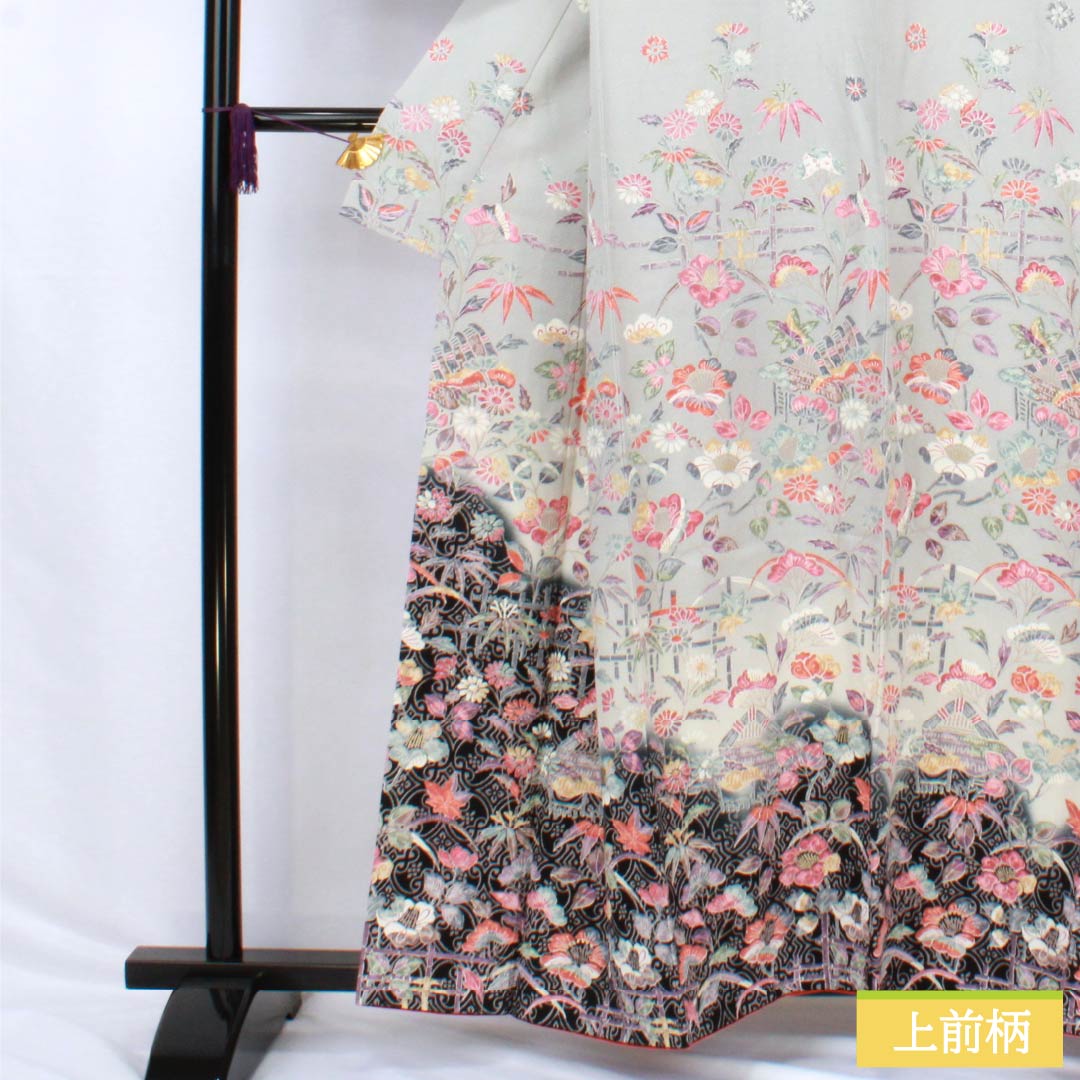 訪問着 正絹 Sランク 袷 身丈160cm 裄丈64cm 京友禅 藤 桜 グレー系 1112006302422