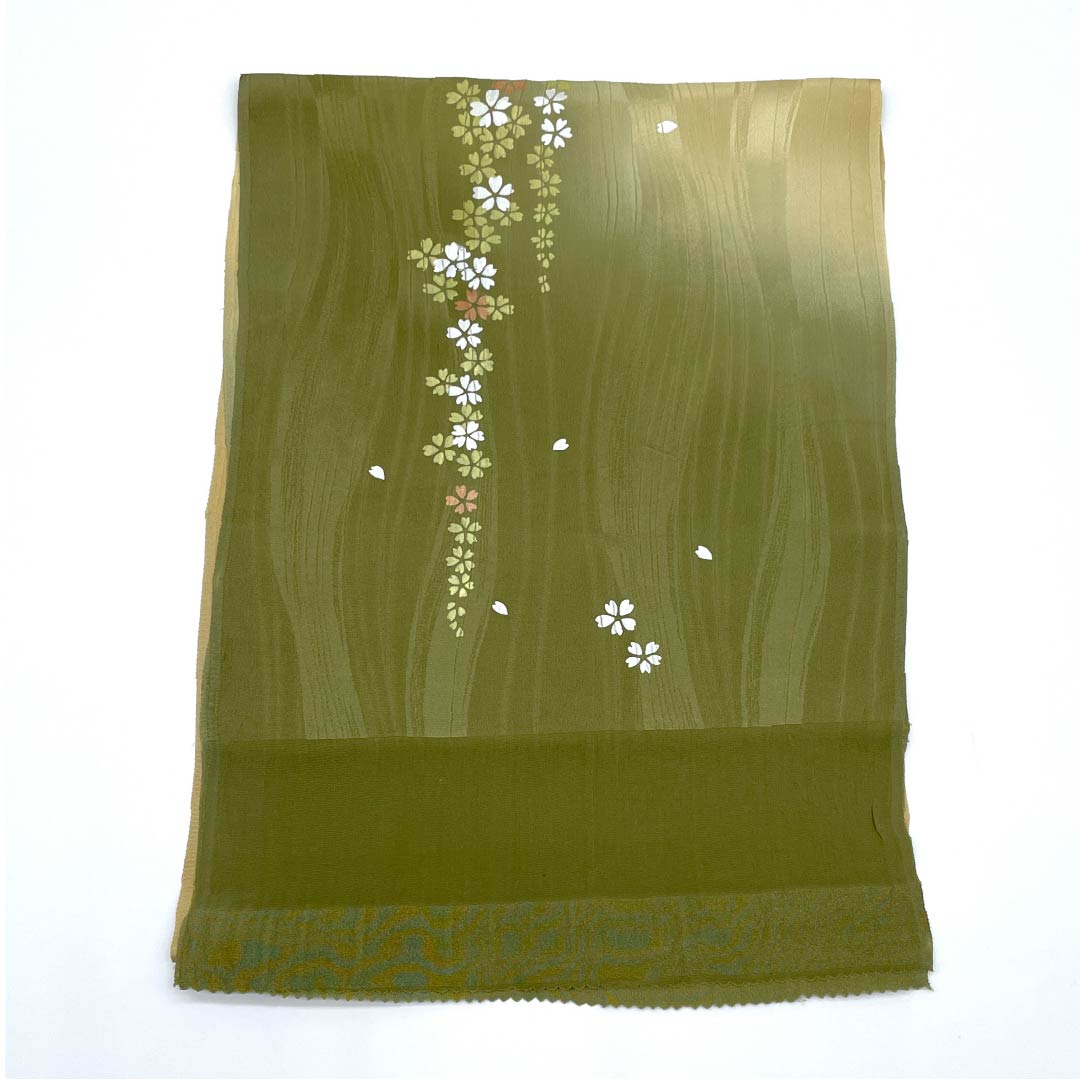 帯揚げ 正絹 セミフォーマル 利休茶色(りきゅうちゃいろ) 桜 古典柄 長さ約170cm 幅約29.5cm Sランク 緑系 1136000302919