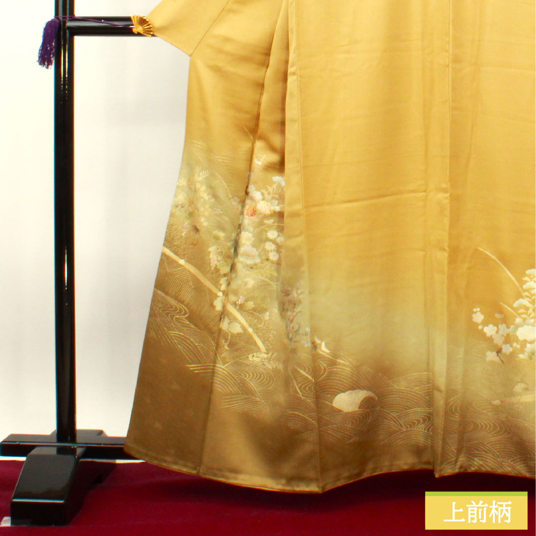 訪問着 袷 身丈162cm 裄丈65cm 唐金色 金彩加工 草花模様 正絹 Sランク 黄系 1112003922423