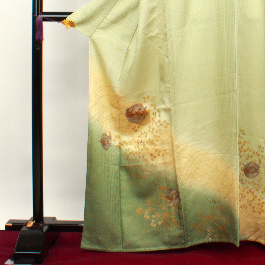 訪問着 正絹 単衣 身丈165.5cm 裄丈67cm 薄柳色 刺繡 萩 しつけ糸付き 未使用品 パールトーン加工 Sランク 緑系 1112003272519