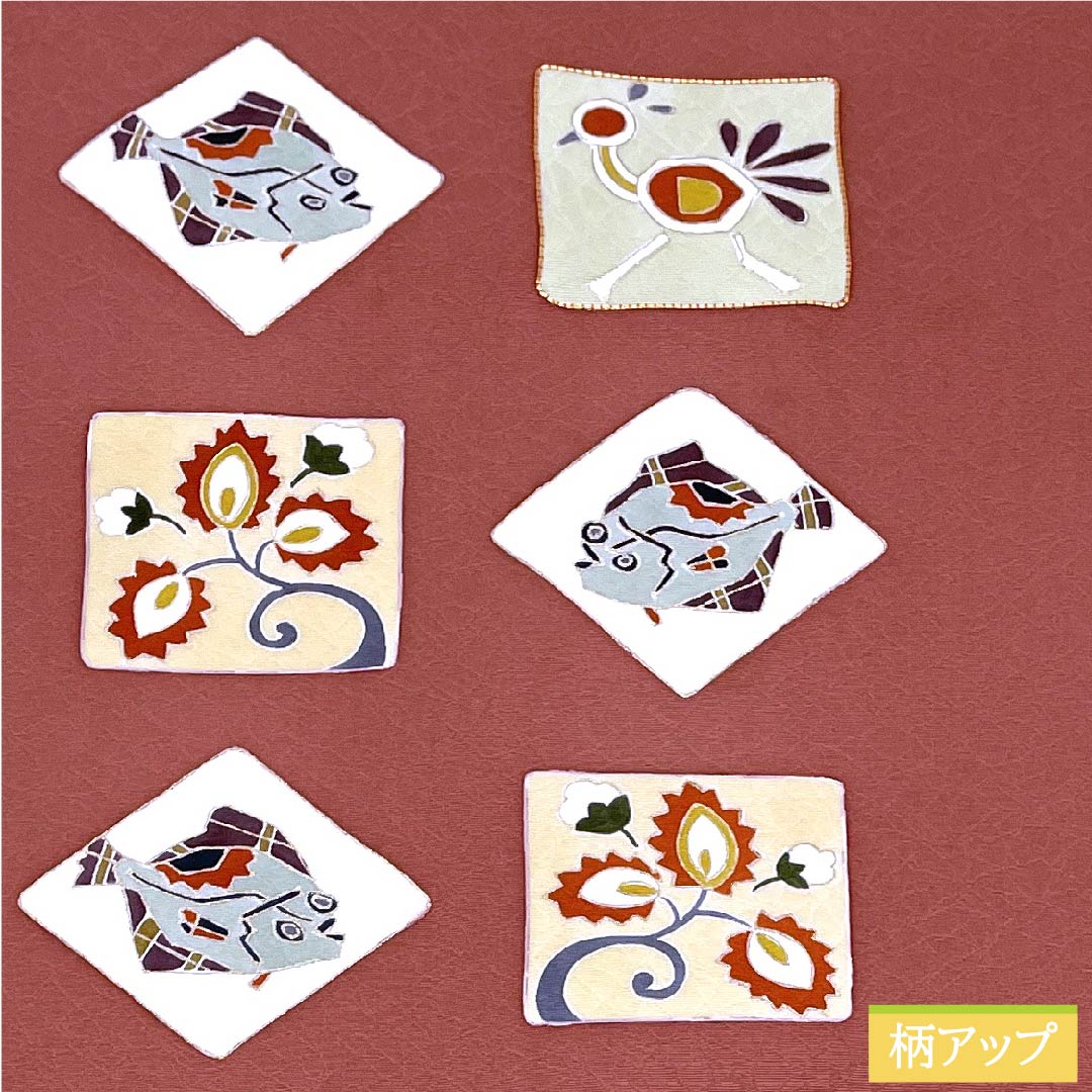 名古屋帯 長春色 魚柄 抽象鳥 抽象花模様 帯丈369cm 正絹 Sランク ポイント柄 カジュアル 茶系 1124005672314 名古屋仕立て