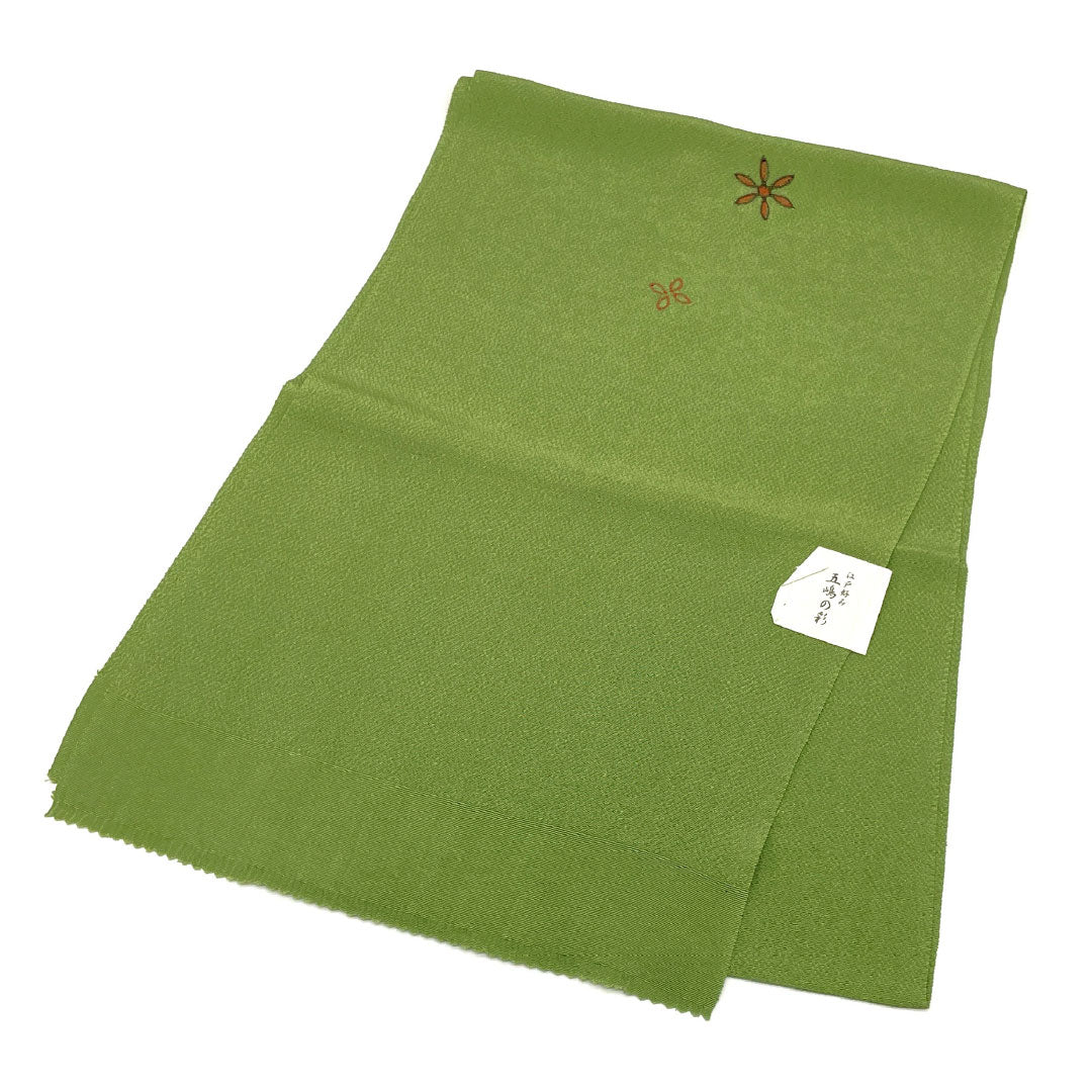 (新古品)帯揚げ 正絹 NEWランク カジュアル 煎茶色(せんちゃいろ) 五嶋紐 丹後ちりめん 抽象花模様 長さ約170cm 幅約28cm 緑系 1136001381919