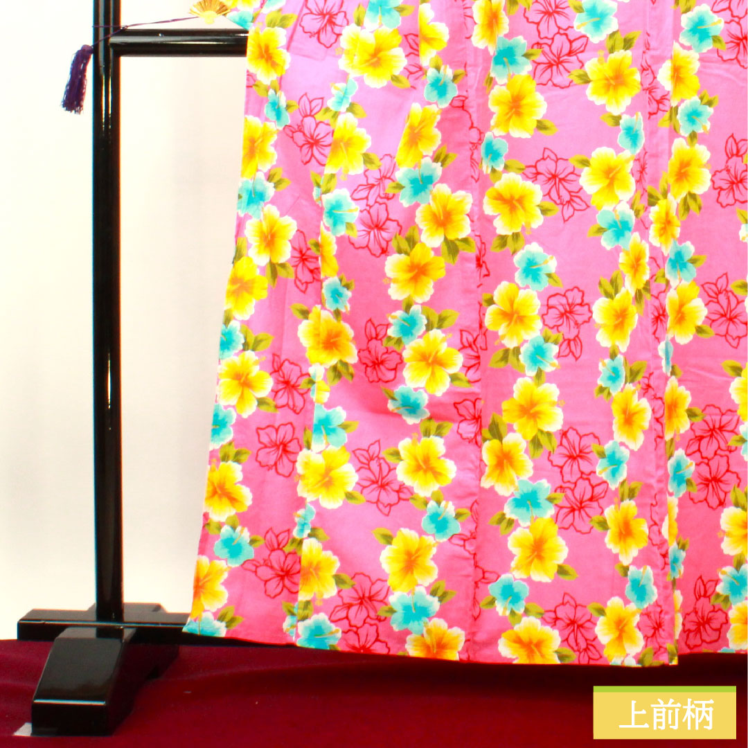 浴衣 木綿 身丈162cm 裄丈66.5cm Sランク 単衣 ピンク系 萩色(はぎいろ) ハイビスカス 1118005072413