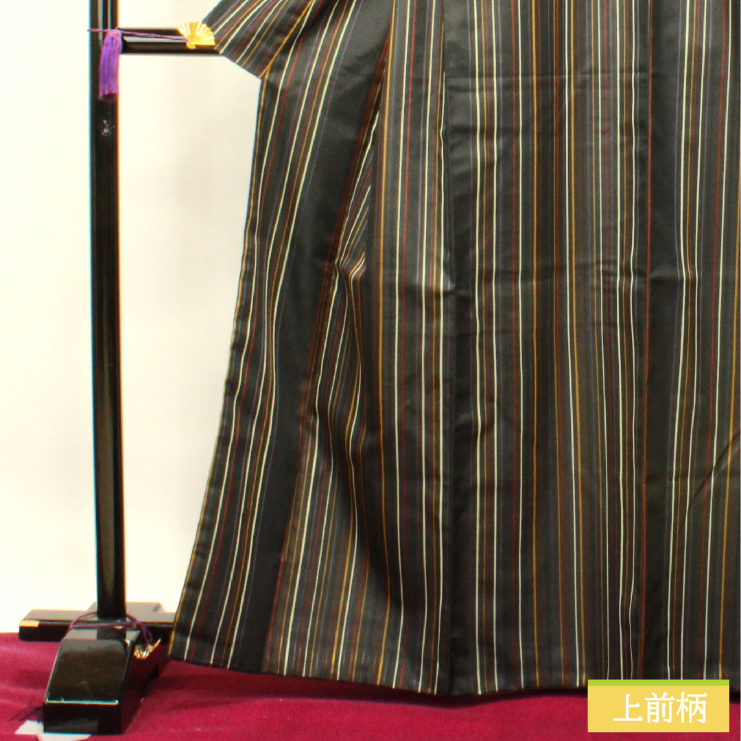 小紋 ポリエステル 身丈164.5cm 裄丈65cm 袷 洗える着物 縞模様 Sランク 黒系 1115003952410