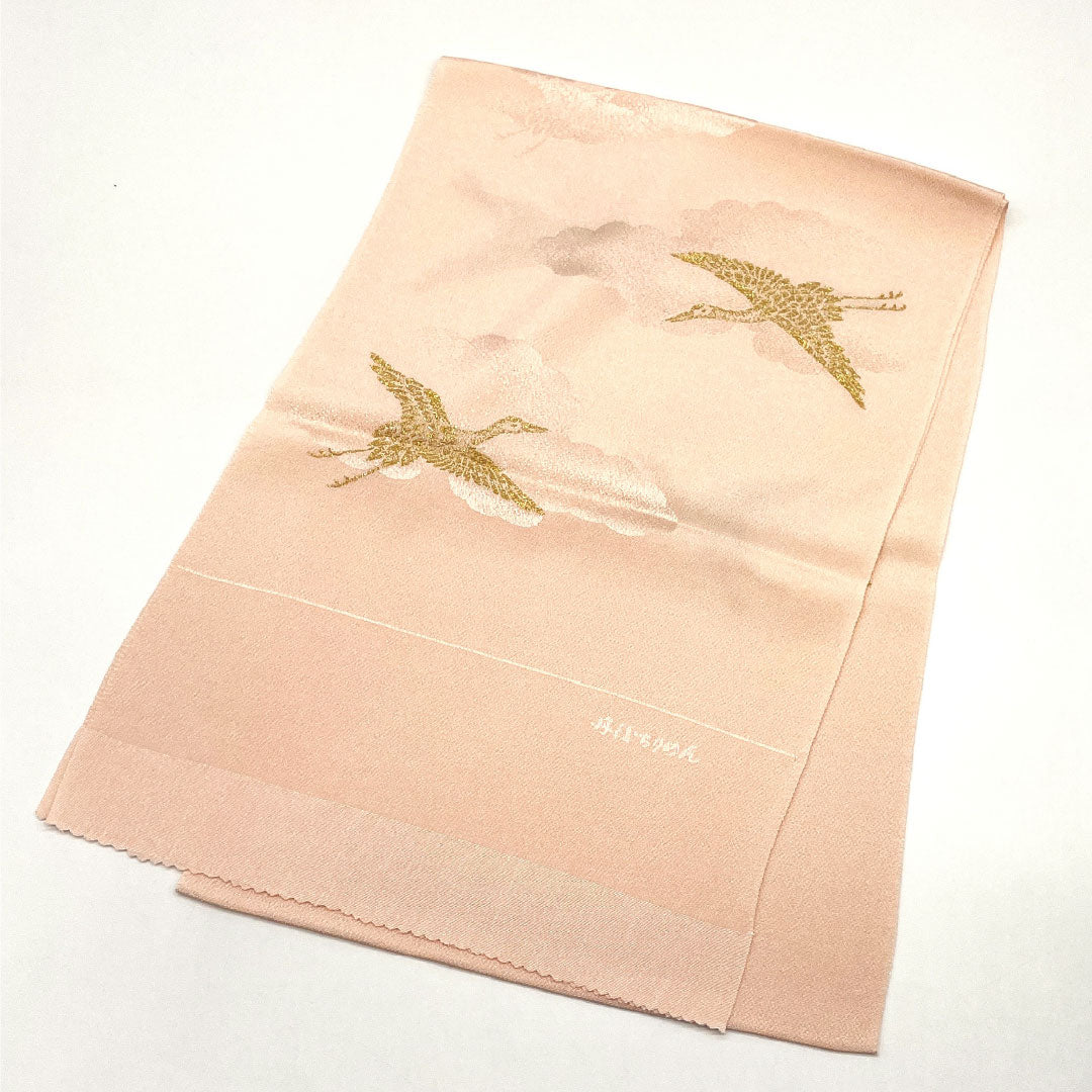 (Like New) Semi-Formal Silk Obiage (Otomeiro) with Cloud and Crane Designs, Tango Chirimen, Length: Approx. 172cm, Width: Approx. 29cm, Pink, Product Number: 1136001191913
